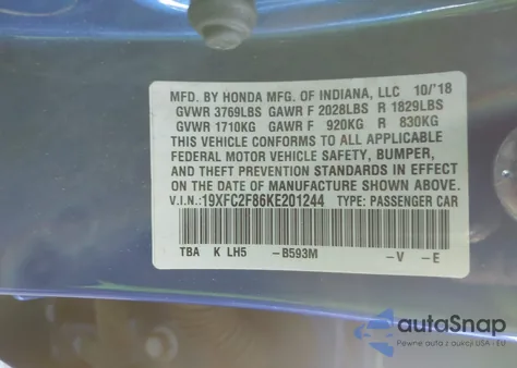 2019 Honda Civic Sport from USA, damaged, VIN 19XFC2F86KE201244